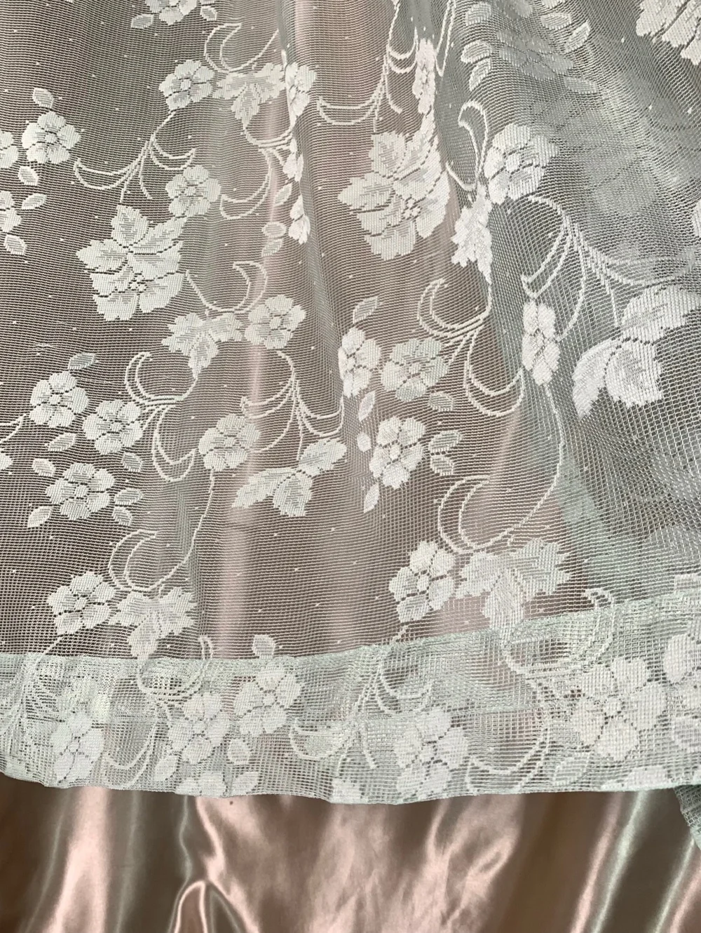Vintage Mint Green Net Lace Window Curtain Panel Scalloped Edge Floral Victorian
